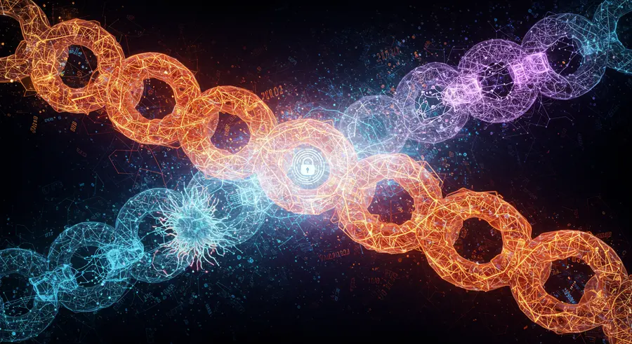 Abstract representation of a blockchain network intertwined with biometric and digital security elements, representing decentralized passwordless authentication.
